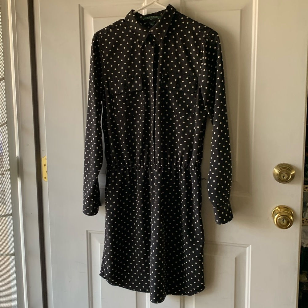 Lauren Ralph Lauren Black Polka Dot Long Sleeve Shirt Dress